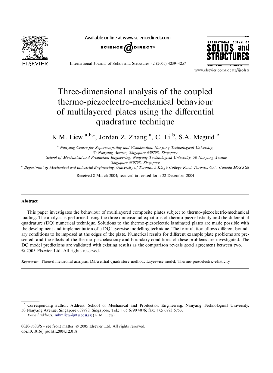 Three-dimensional analysis of the coupled thermo-piezoelectro-mechanical behaviour of multilayered plates using the differential quadrature technique