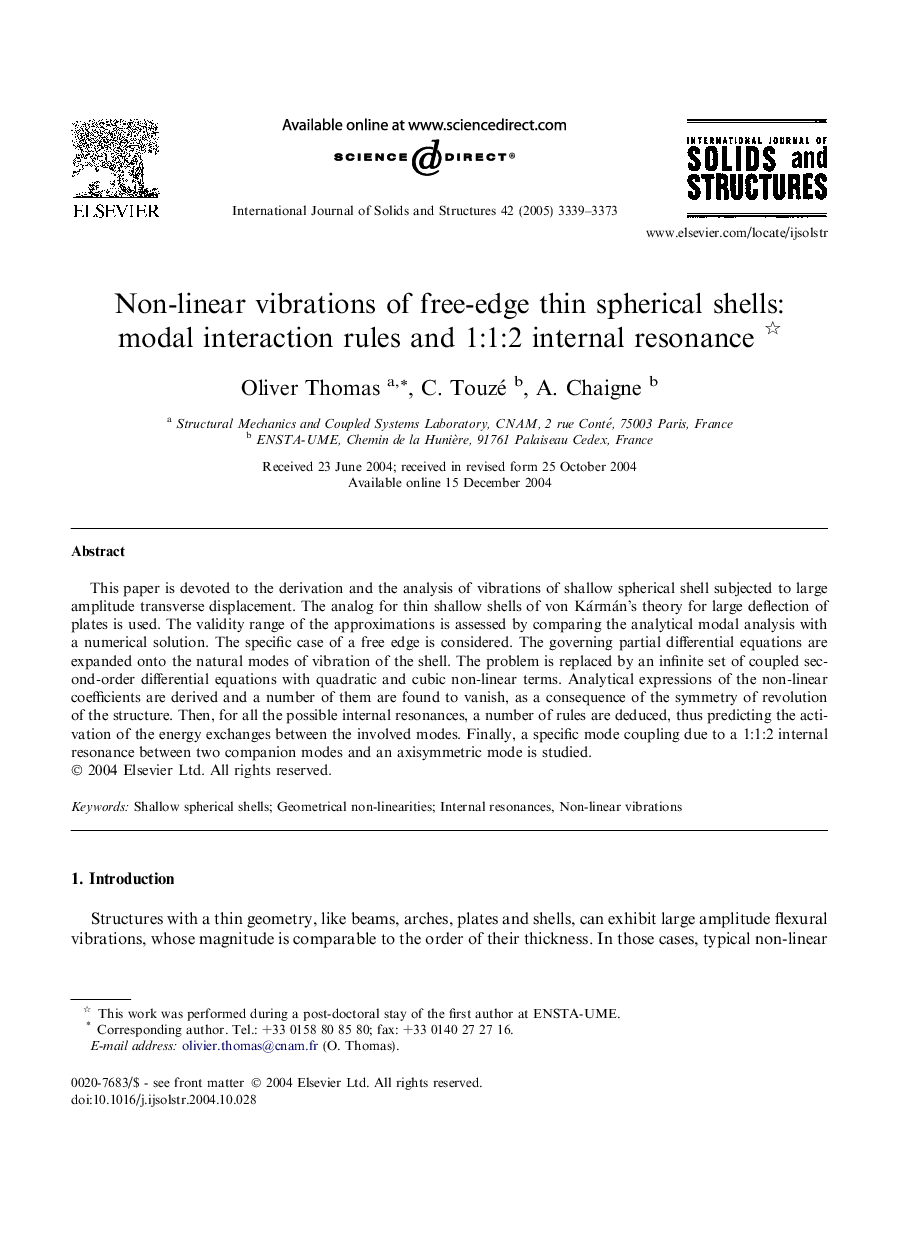 Non-linear vibrations of free-edge thin spherical shells: modal interaction rules and 1:1:2 internal resonance