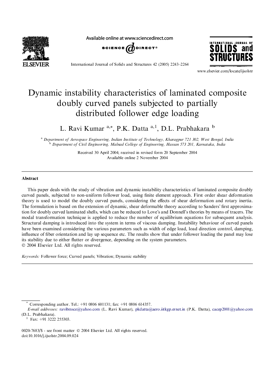 Dynamic instability characteristics of laminated composite doubly curved panels subjected to partially distributed follower edge loading
