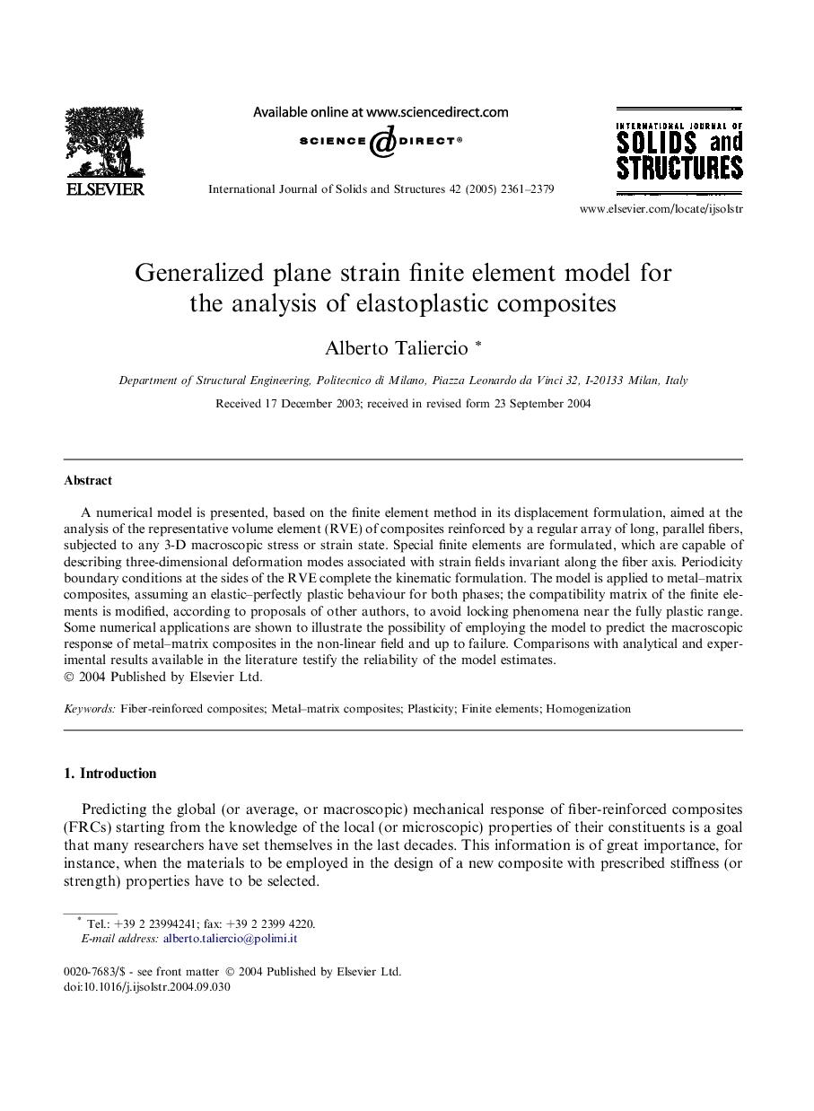 Generalized plane strain finite element model for the analysis of elastoplastic composites