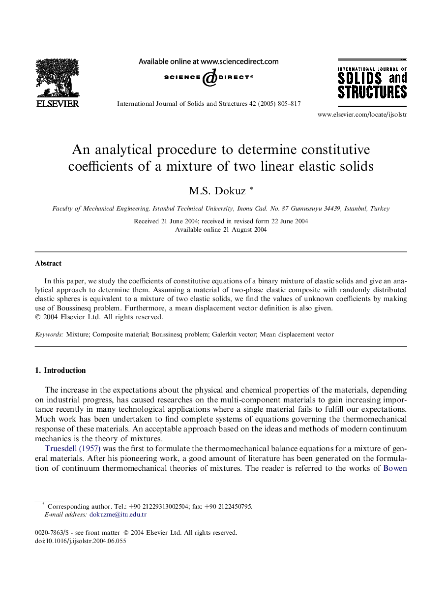 عکس صفحه اول مقاله: An analytical procedure to determine constitutive coefficients of a mixture of two linear elastic solids An analytical procedure to determine constitutive coefficients of a mixture of two linear elastic solids