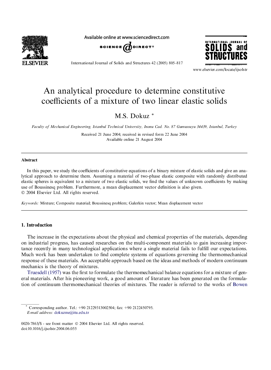 An analytical procedure to determine constitutive coefficients of a mixture of two linear elastic solids