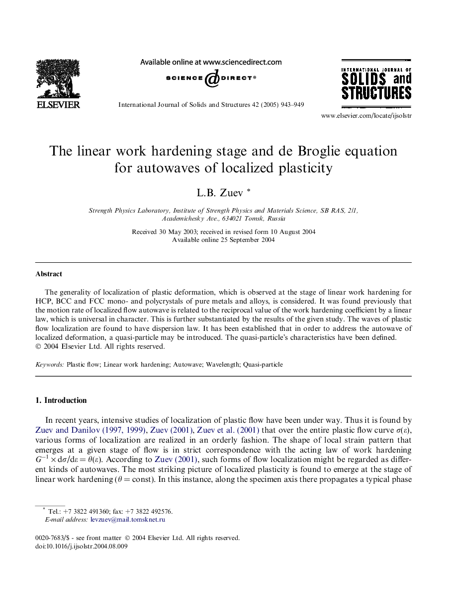 The linear work hardening stage and de Broglie equation for autowaves of localized plasticity