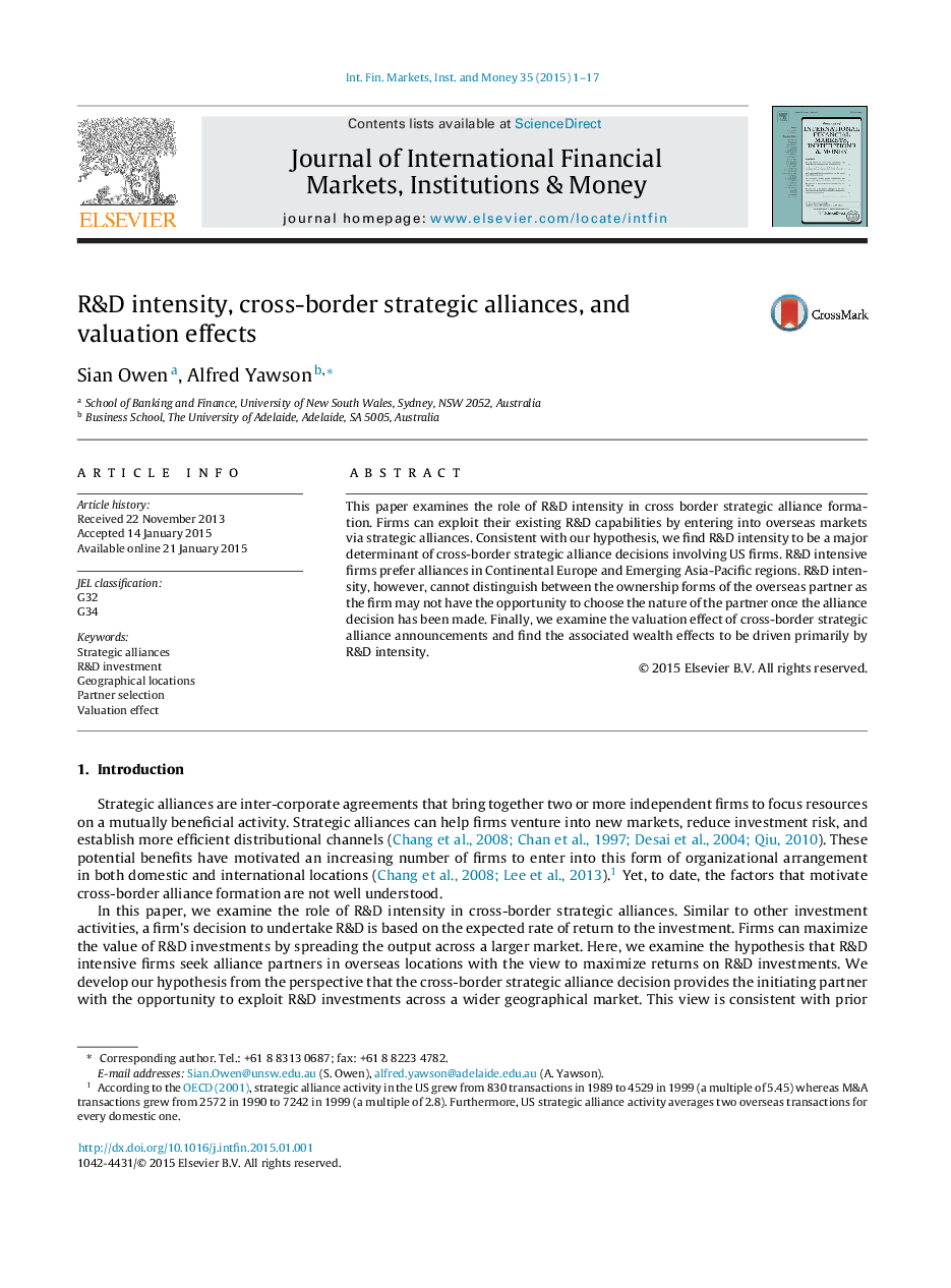 R&D intensity, cross-border strategic alliances, and valuation effects