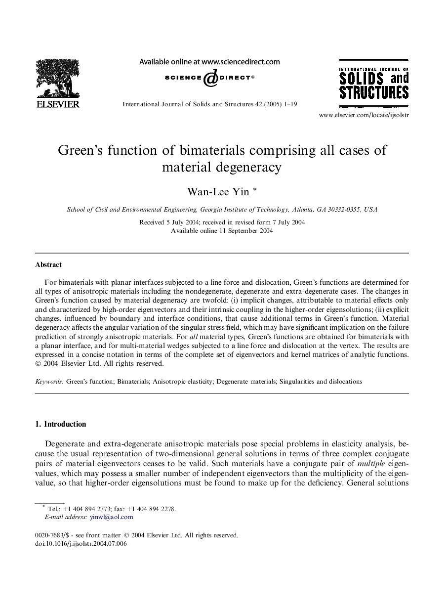 Green's function of bimaterials comprising all cases of material degeneracy