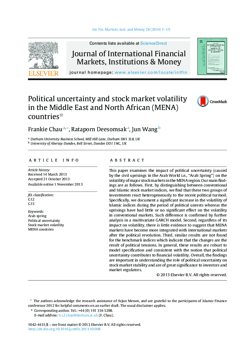 Political uncertainty and stock market volatility in the Middle East and North African (MENA) countries 