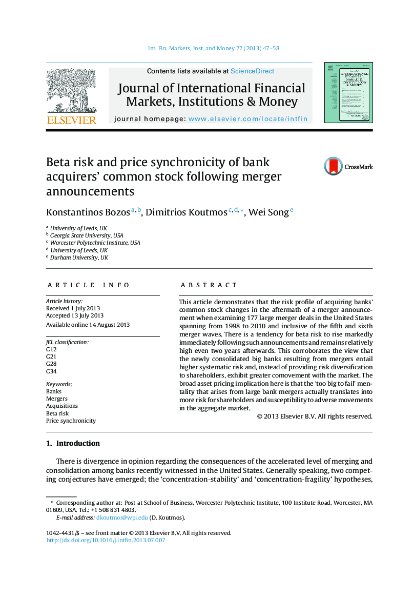 Beta risk and price synchronicity of bank acquirers’ common stock following merger announcements