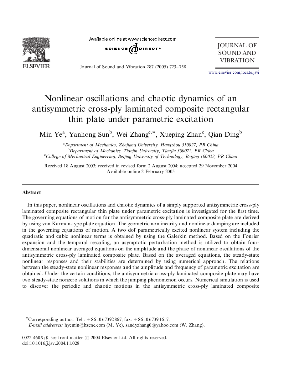 Nonlinear oscillations and chaotic dynamics of an antisymmetric cross-ply laminated composite rectangular thin plate under parametric excitation