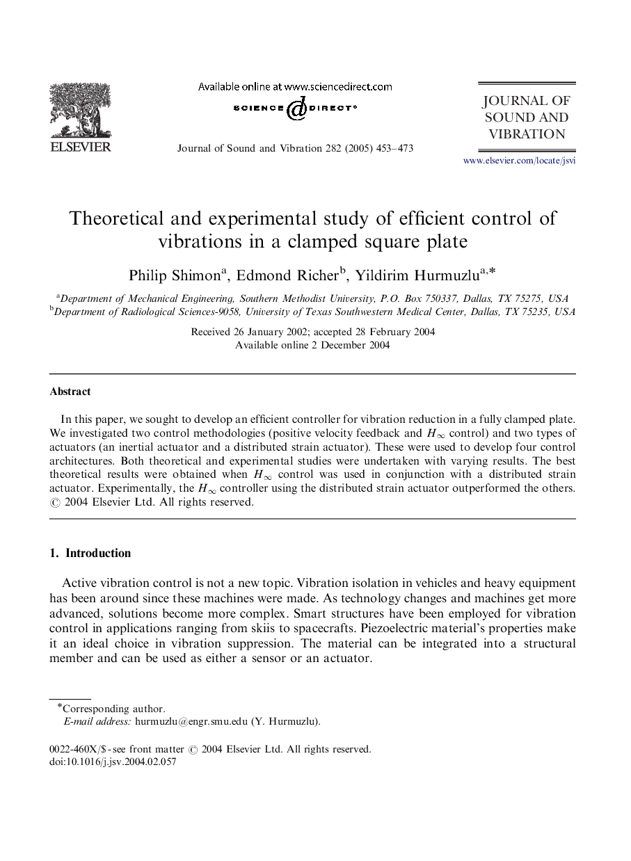 Theoretical and experimental study of efficient control of vibrations in a clamped square plate