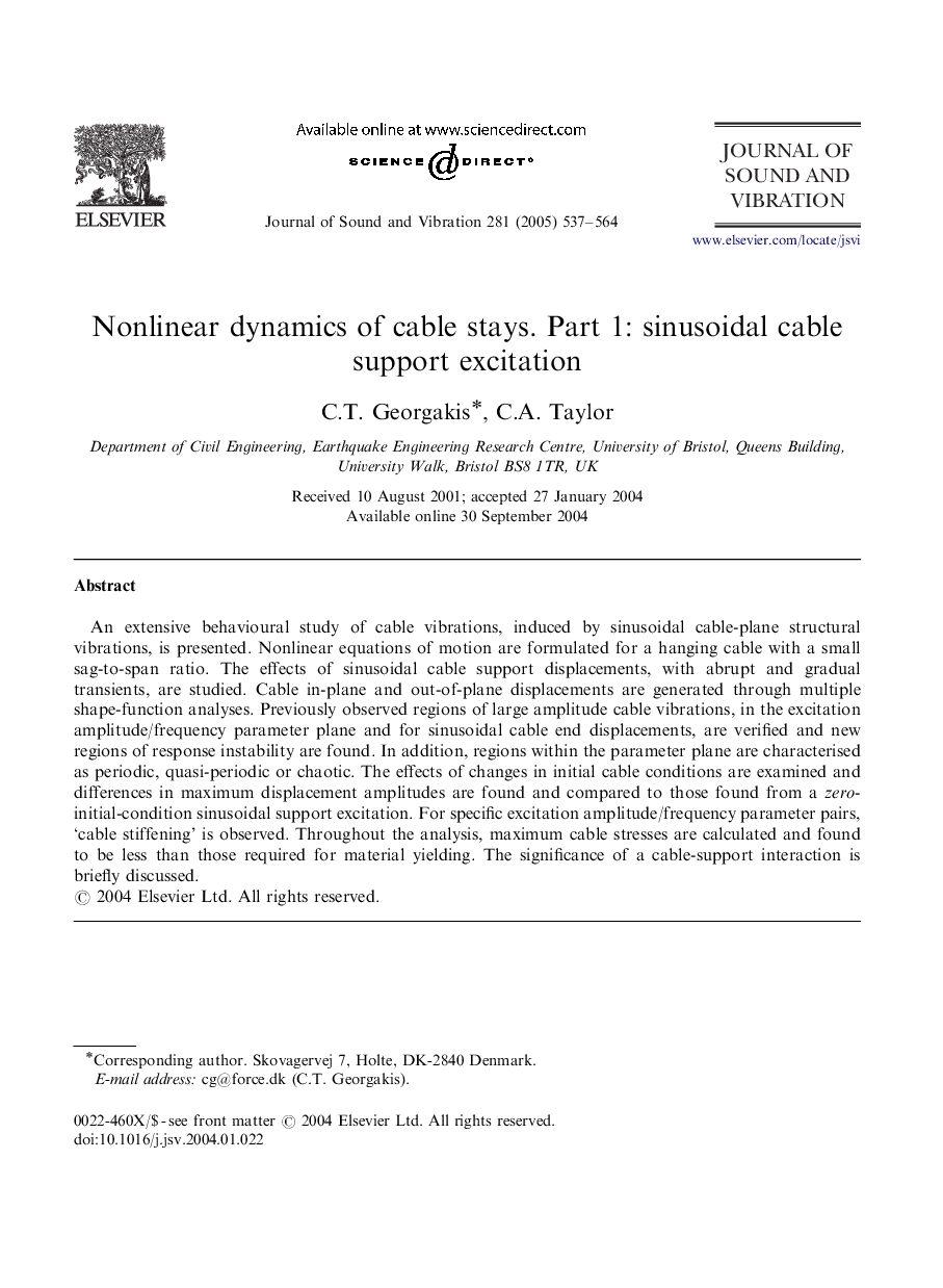 Nonlinear dynamics of cable stays. Part 1: sinusoidal cable support excitation