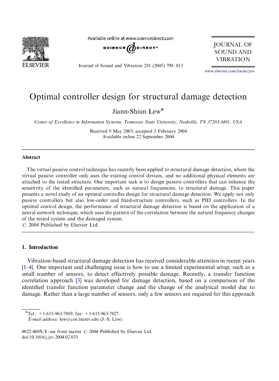 Optimal controller design for structural damage detection