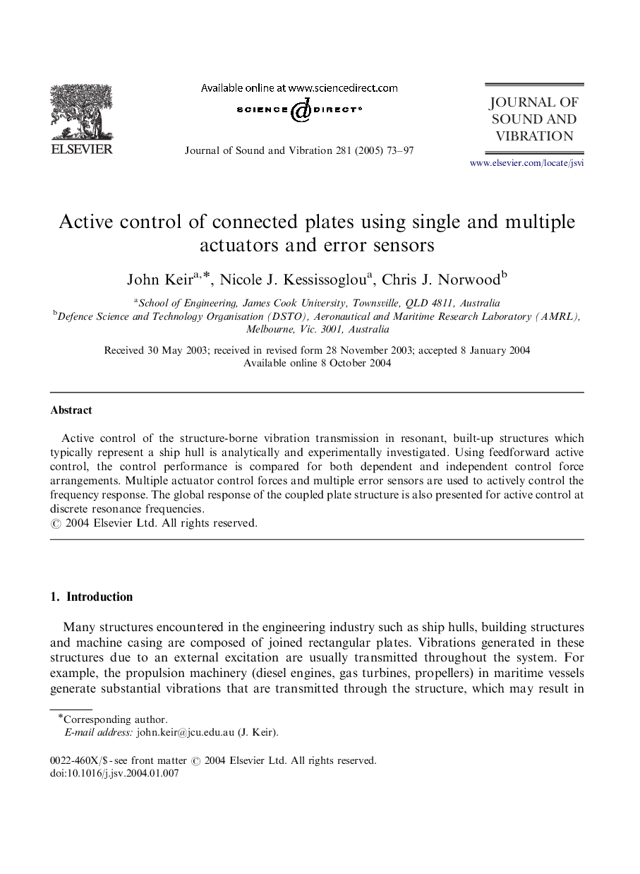 Active control of connected plates using single and multiple actuators and error sensors
