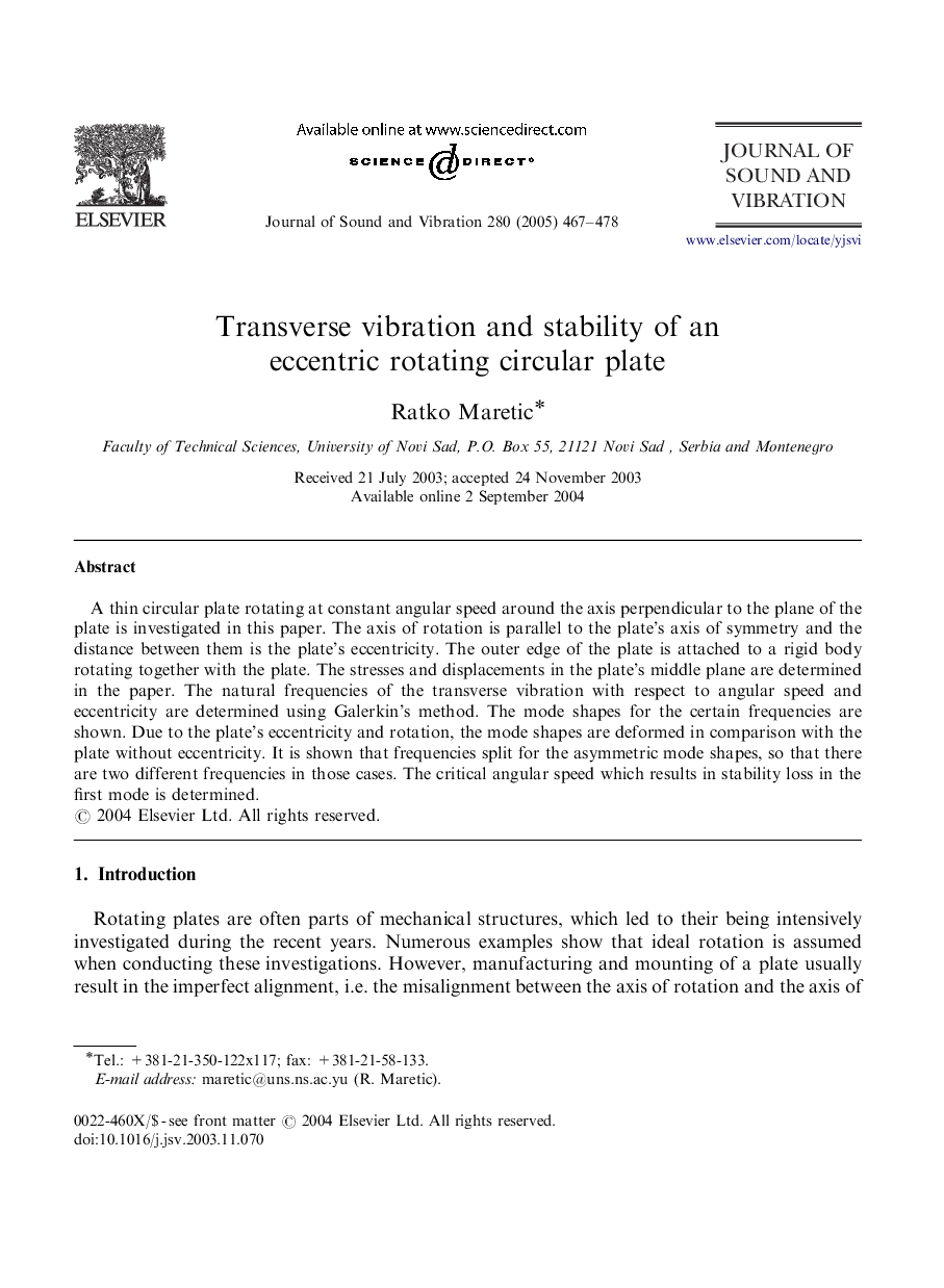 Transverse vibration and stability of an eccentric rotating circular plate