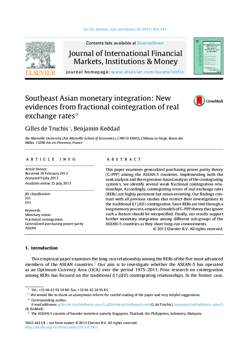 Southeast Asian monetary integration: New evidences from fractional cointegration of real exchange rates