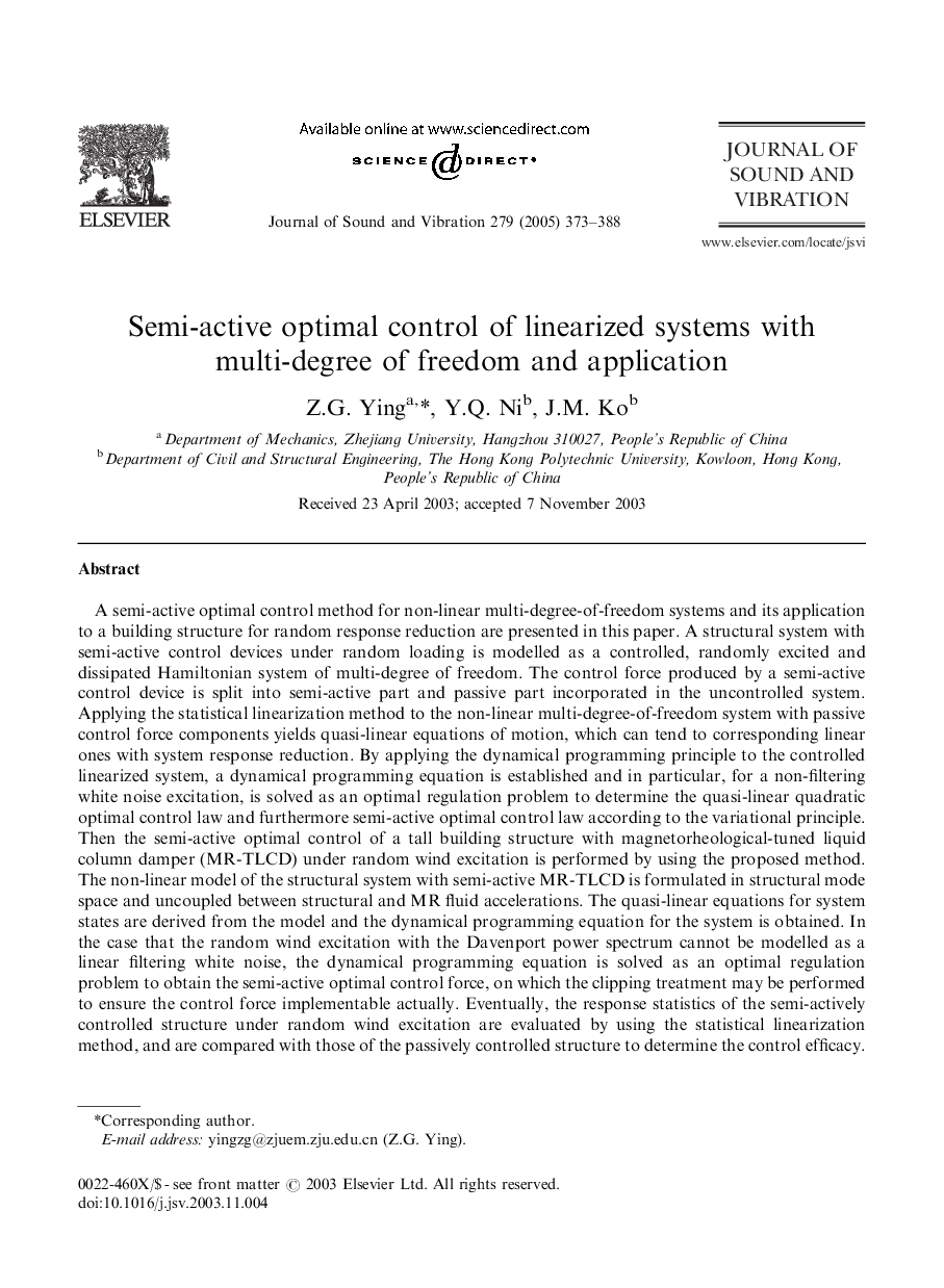 Semi-active optimal control of linearized systems with multi-degree of freedom and application