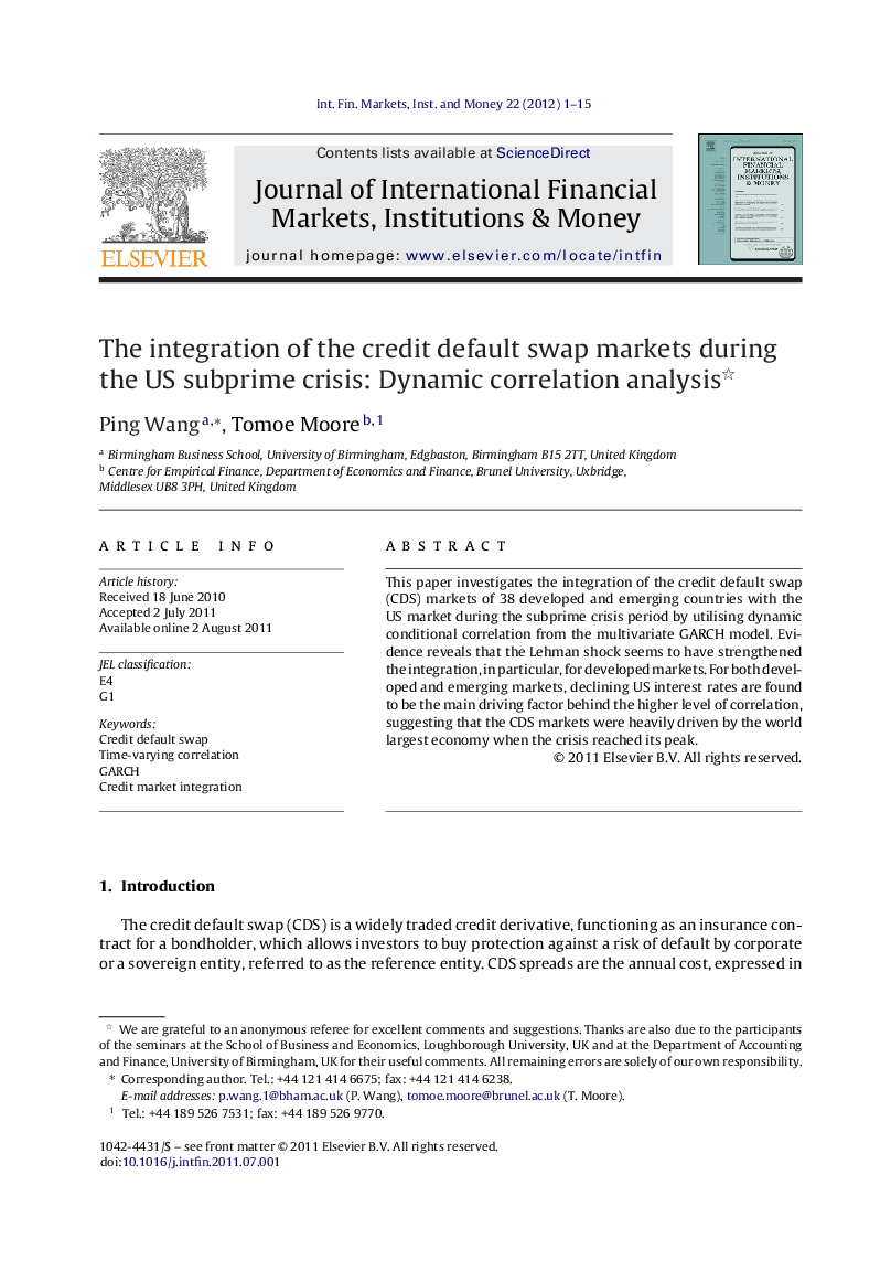 The integration of the credit default swap markets during the US subprime crisis: Dynamic correlation analysis