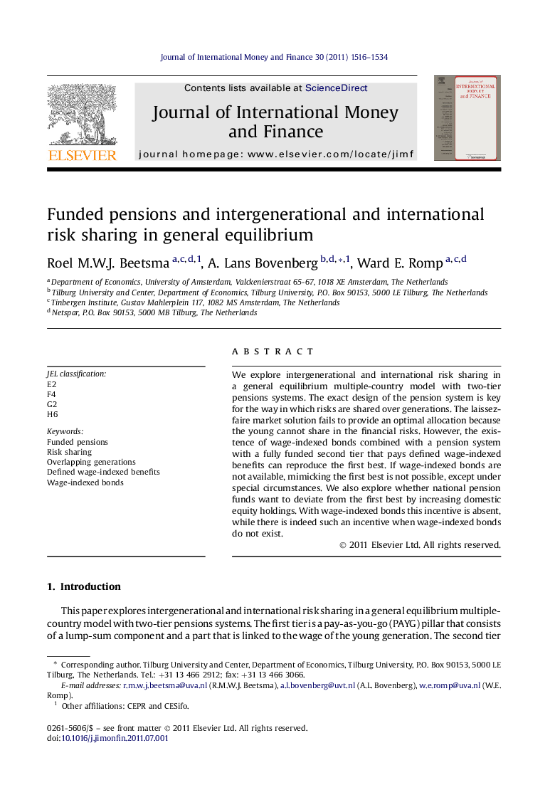 عکس صفحه اول مقاله: Funded pensions and intergenerational and international risk sharing in general equilibrium Funded pensions and intergenerational and international risk sharing in general equilibrium