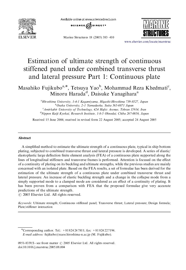 Estimation of ultimate strength of continuous stiffened panel under combined transverse thrust and lateral pressure Part 1: Continuous plate