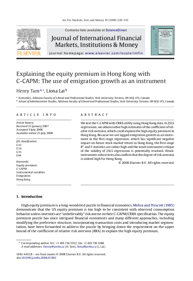 Explaining the equity premium in Hong Kong with C-CAPM: The use of emigration growth as an instrument