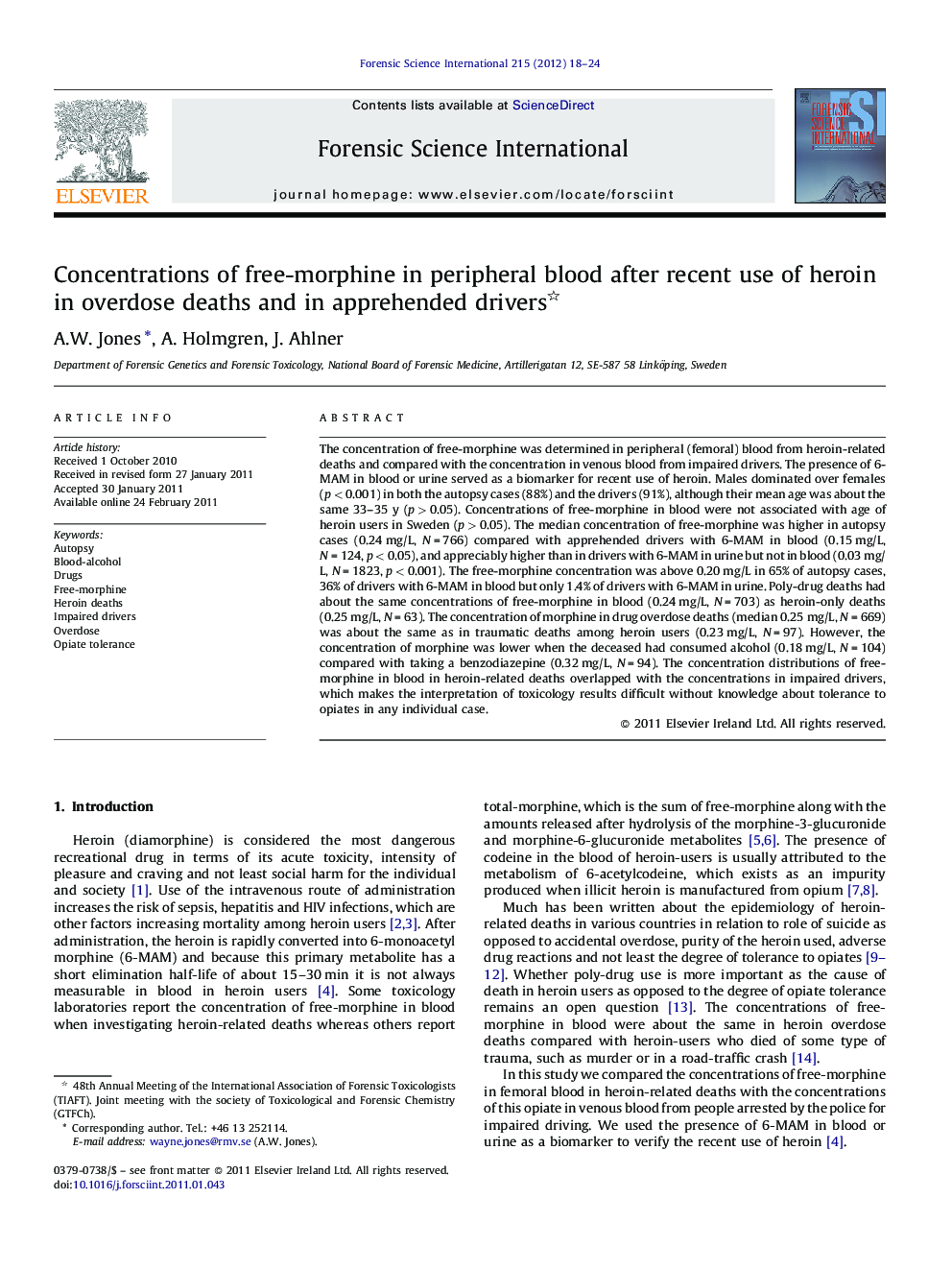 Concentrations of free-morphine in peripheral blood after recent use of heroin in overdose deaths and in apprehended drivers 