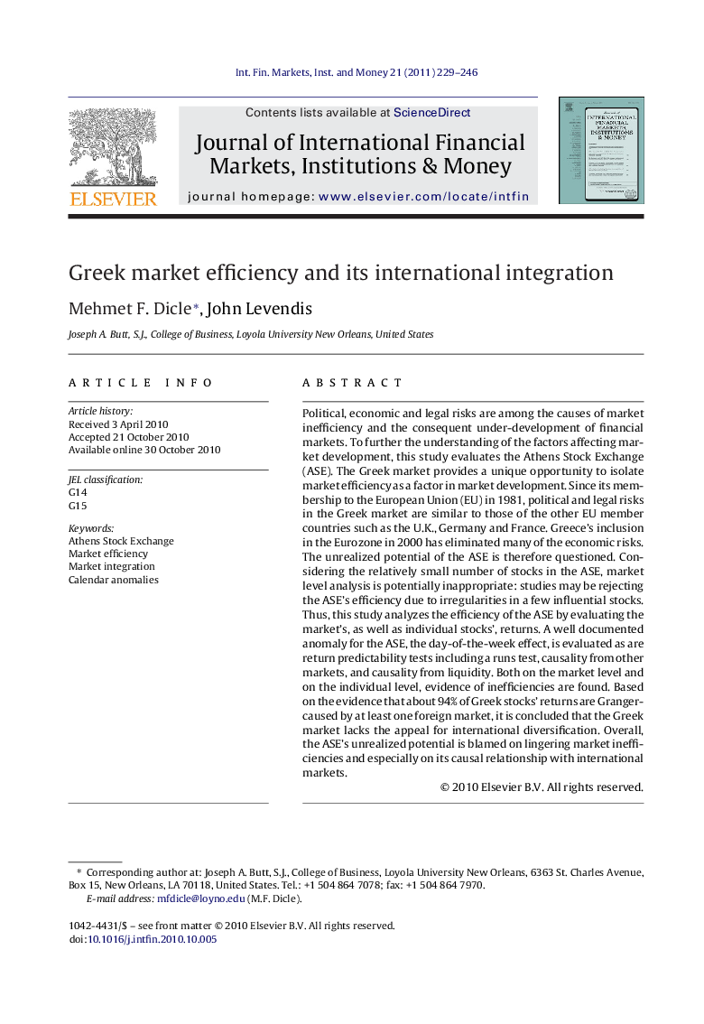 Greek market efficiency and its international integration