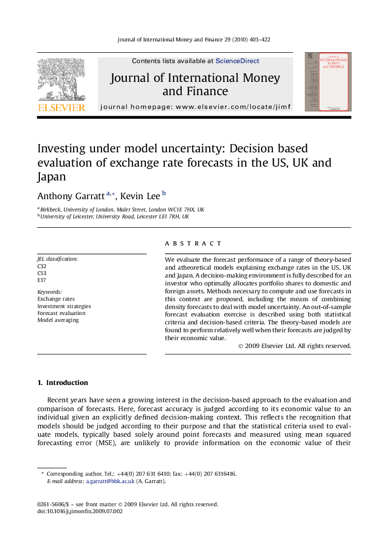 Investing under model uncertainty: Decision based evaluation of exchange rate forecasts in the US, UK and Japan