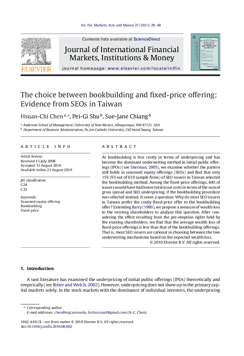 The choice between bookbuilding and fixed-price offering: Evidence from SEOs in Taiwan