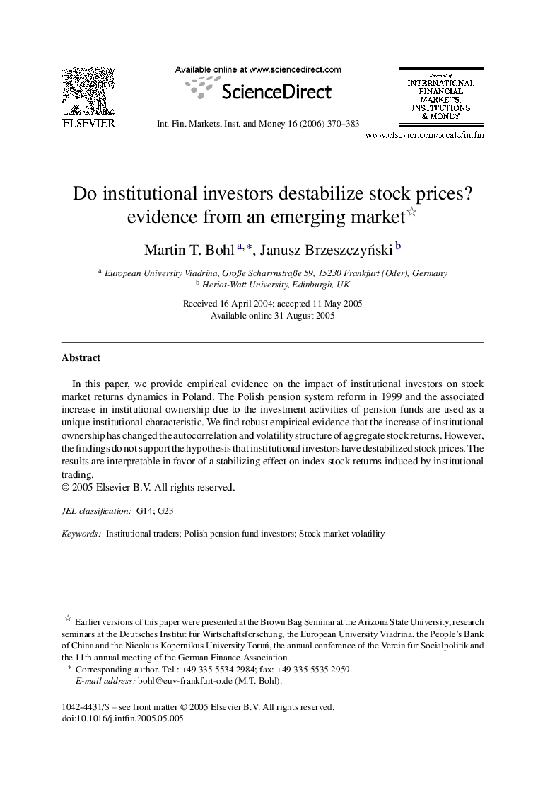 Do institutional investors destabilize stock prices? evidence from an emerging market 