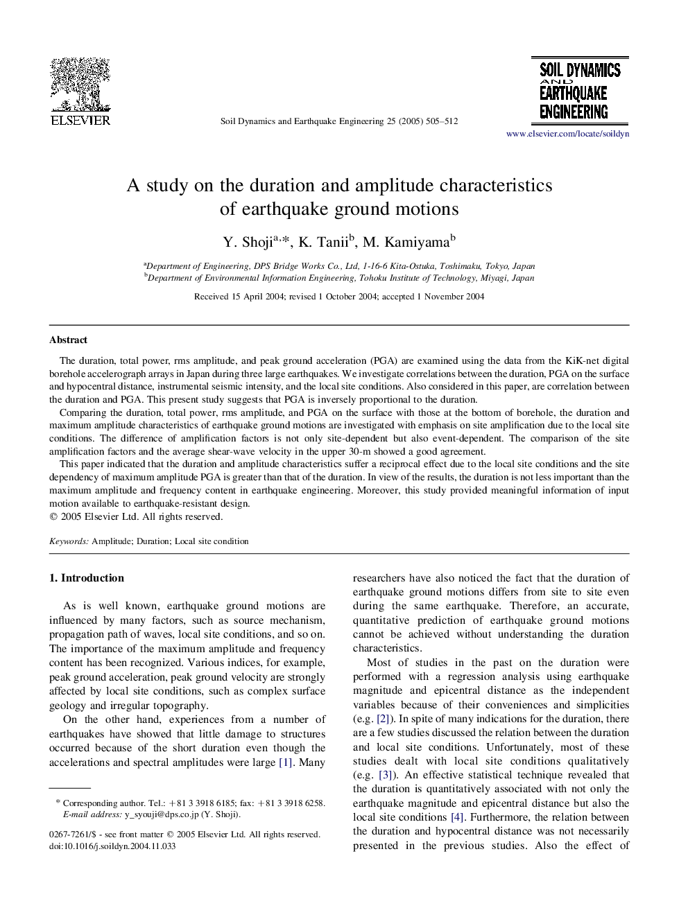 A study on the duration and amplitude characteristics of earthquake ground motions