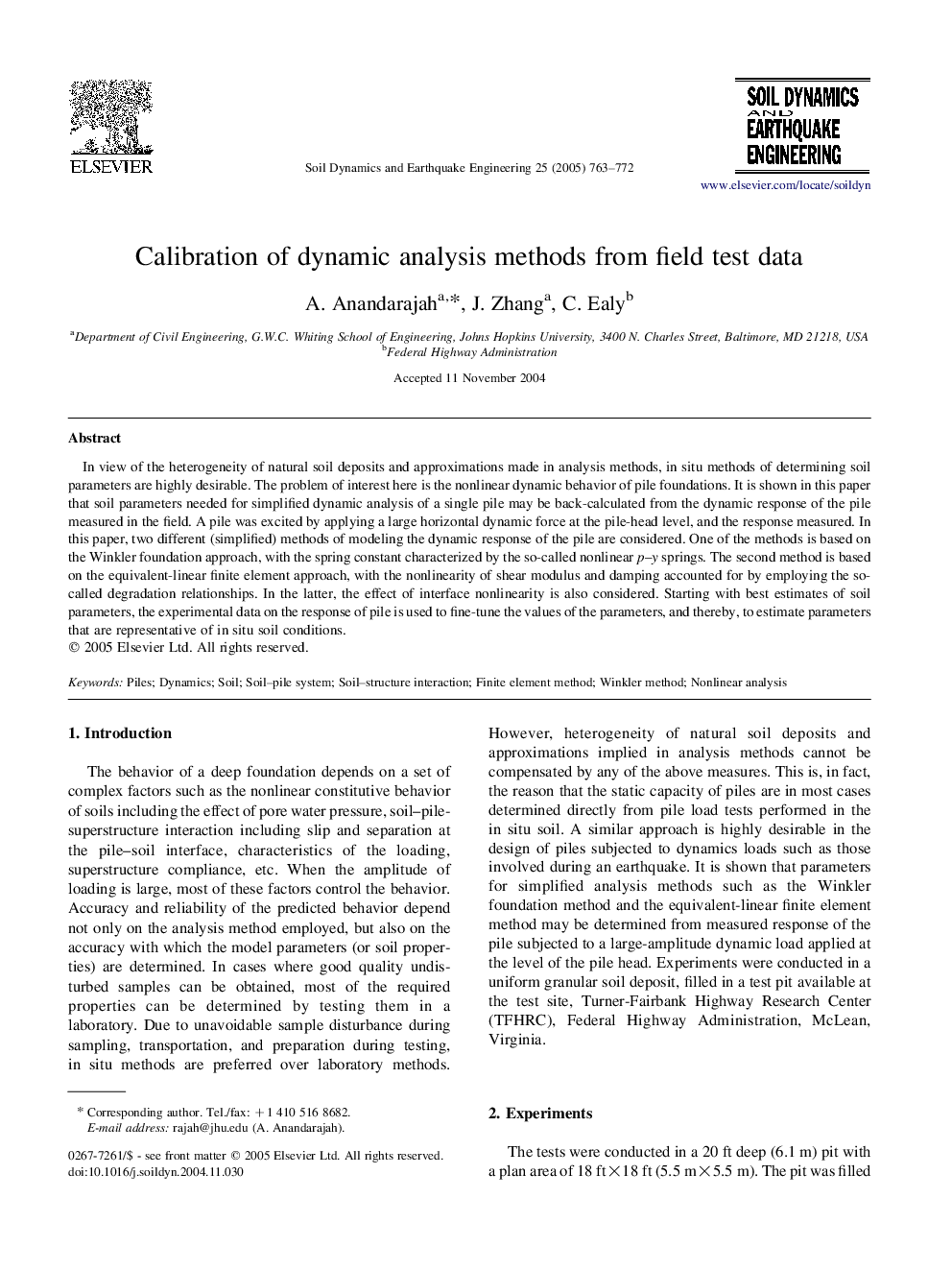 Calibration of dynamic analysis methods from field test data