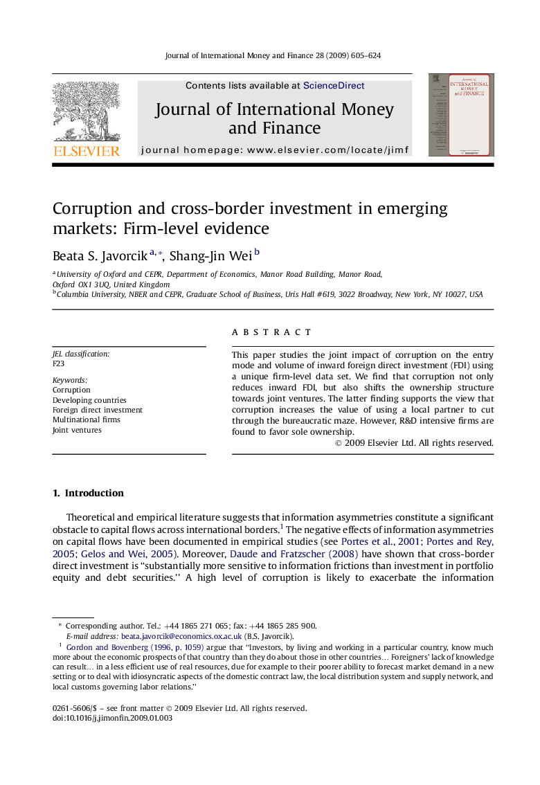 Corruption and cross-border investment in emerging markets: Firm-level evidence