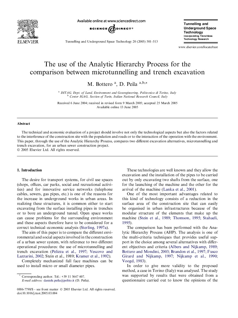 The use of the Analytic Hierarchy Process for the comparison between microtunnelling and trench excavation