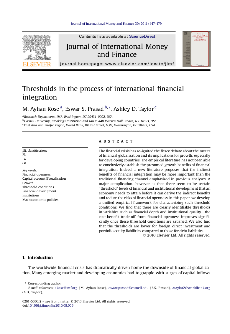 Thresholds in the process of international financial integration