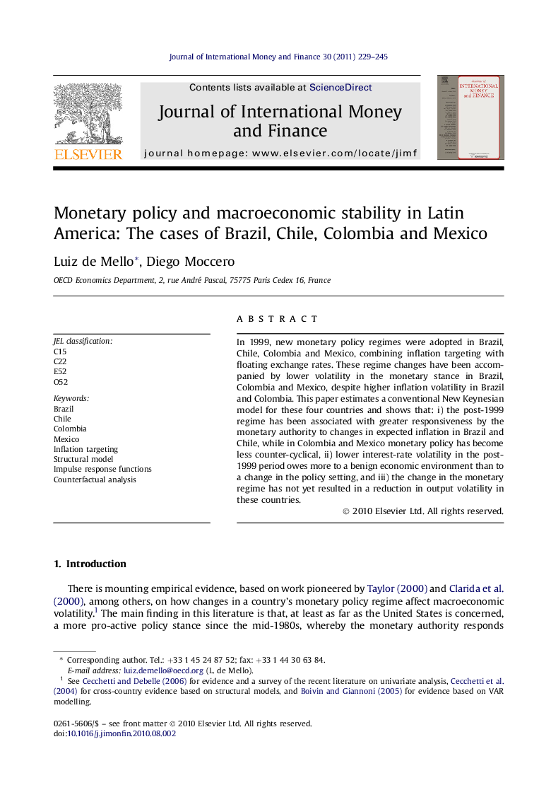 Monetary policy and macroeconomic stability in Latin America: The cases of Brazil, Chile, Colombia and Mexico