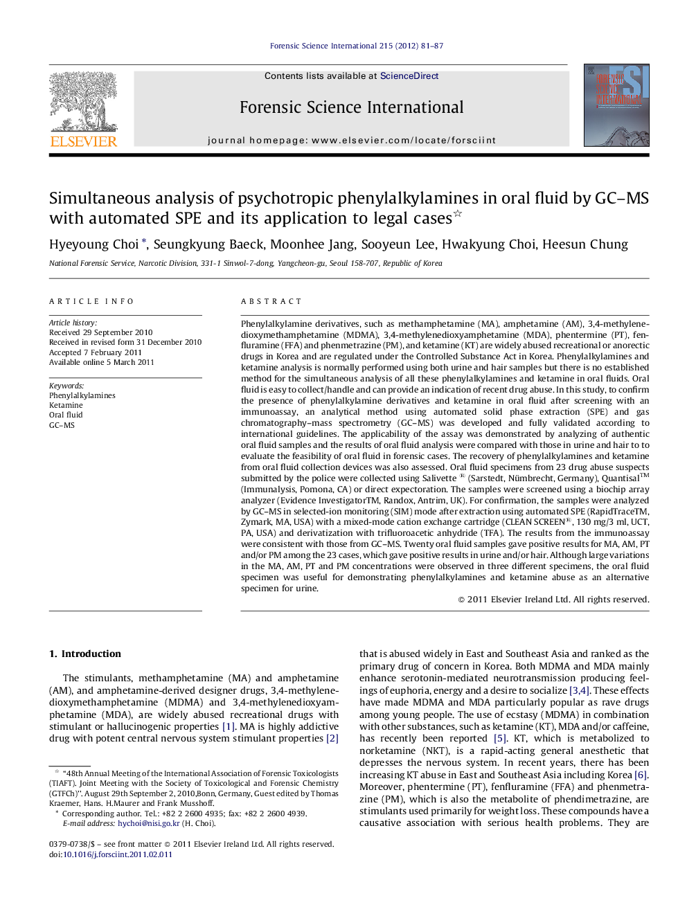 Simultaneous analysis of psychotropic phenylalkylamines in oral fluid by GC–MS with automated SPE and its application to legal cases 