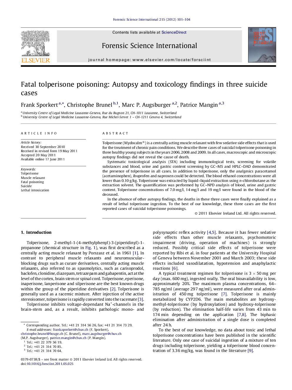 Fatal tolperisone poisoning: Autopsy and toxicology findings in three suicide cases