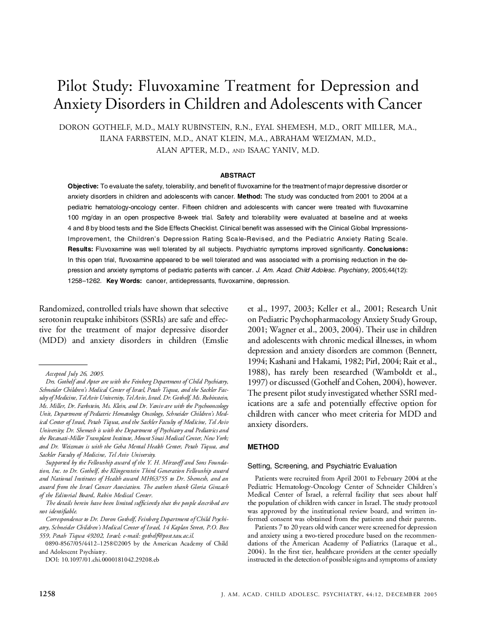 Pilot Study: Fluvoxamine Treatment for Depression and Anxiety Disorders in Children and Adolescents with Cancer