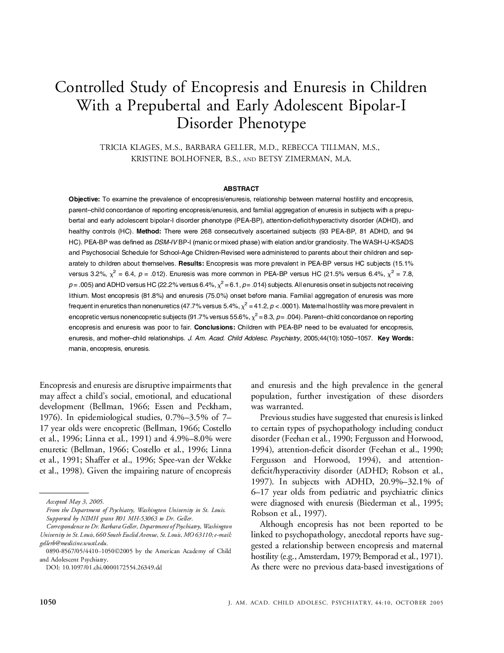 Controlled Study of Encopresis and Enuresis in Children With a Prepubertal and Early Adolescent Bipolar-I Disorder Phenotype