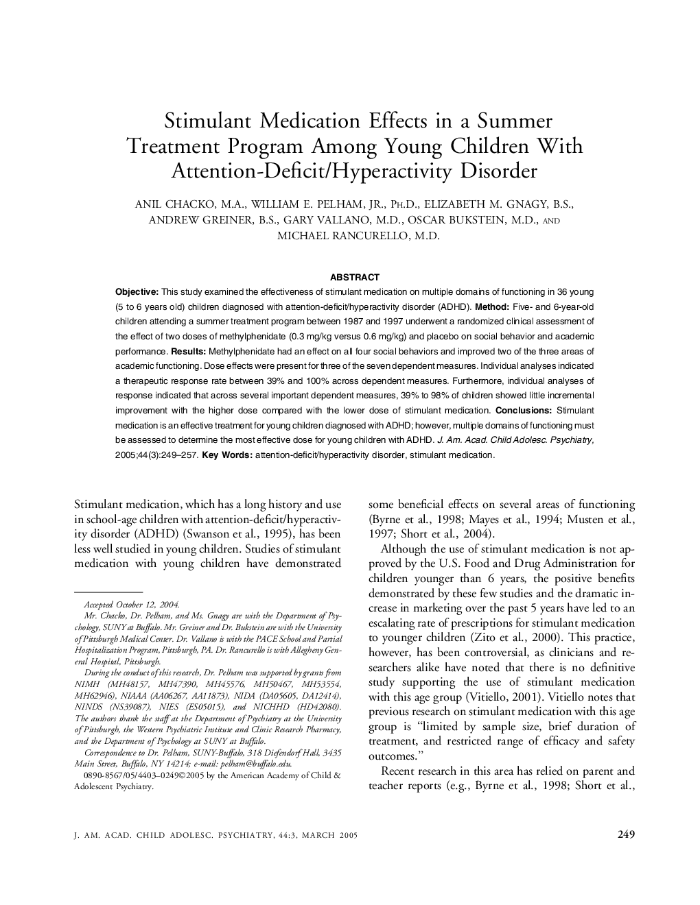 Stimulant Medication Effects in a Summer Treatment Program Among Young Children With Attention-Deficit/Hyperactivity Disorder