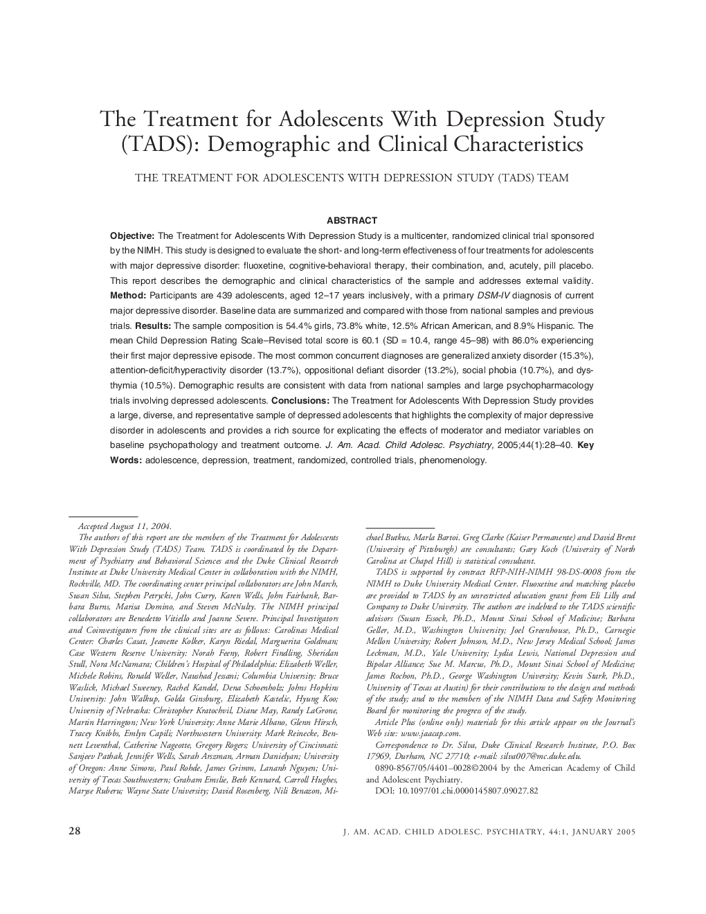 The Treatment for Adolescents With Depression Study (TADS): Demographic and Clinical Characteristics