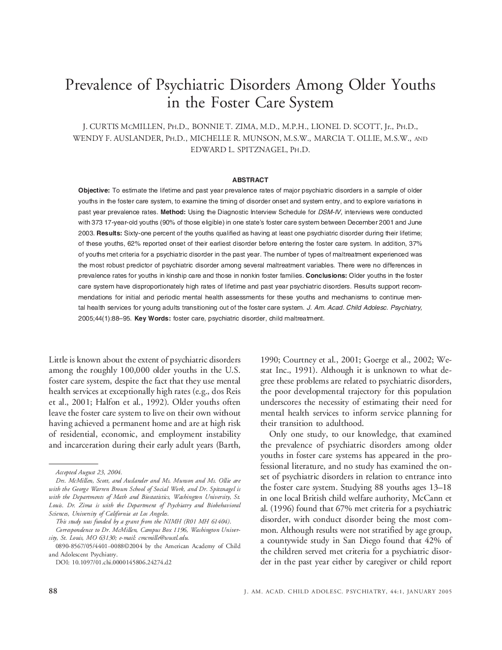 Prevalence of Psychiatric Disorders Among Older Youths in the Foster Care System