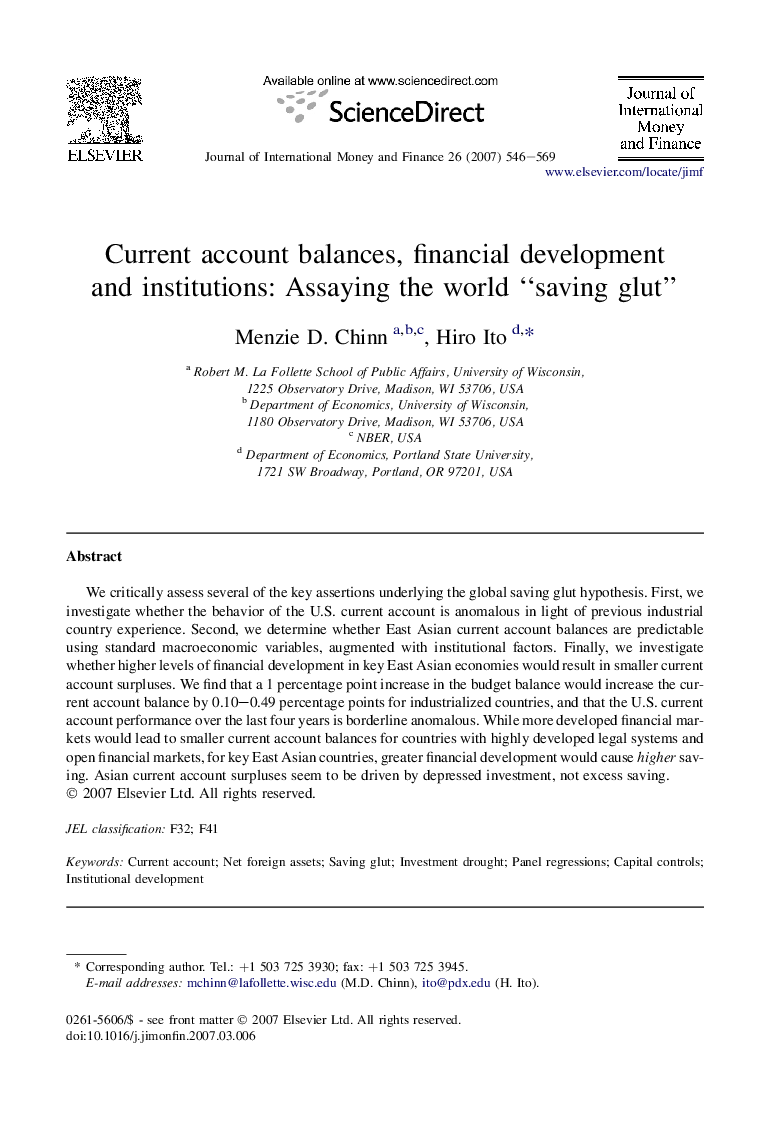 Current account balances, financial development and institutions: Assaying the world “saving glut”