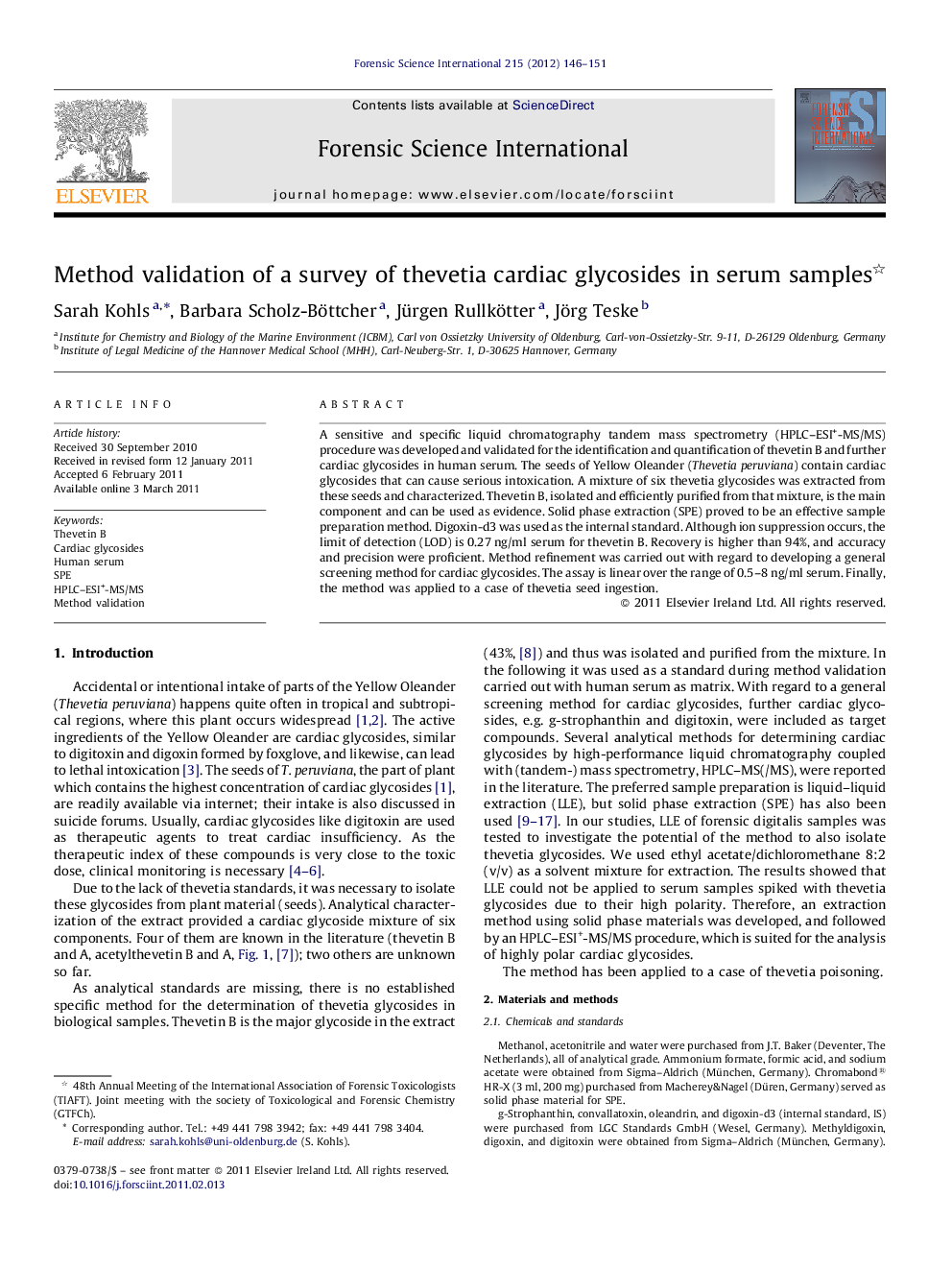 Method validation of a survey of thevetia cardiac glycosides in serum samples 