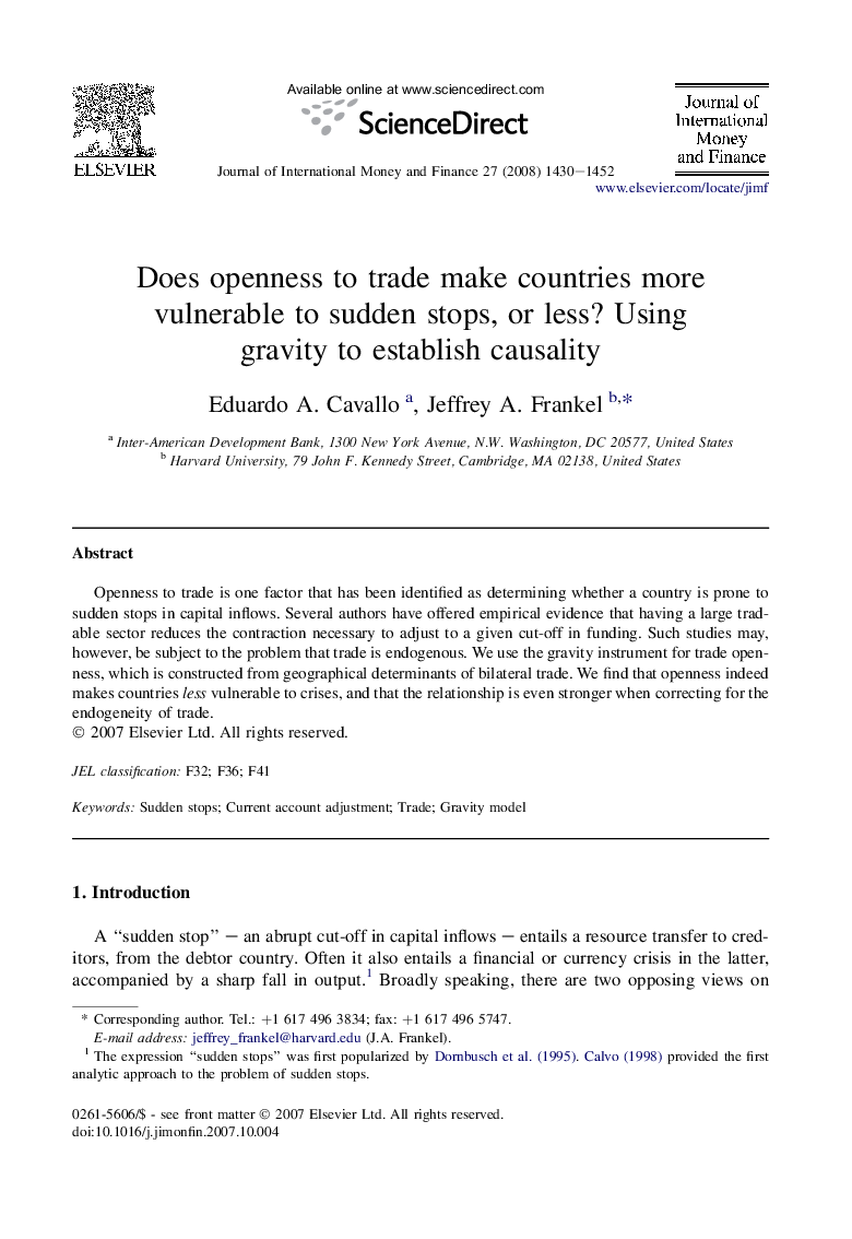 Does openness to trade make countries more vulnerable to sudden stops, or less? Using gravity to establish causality