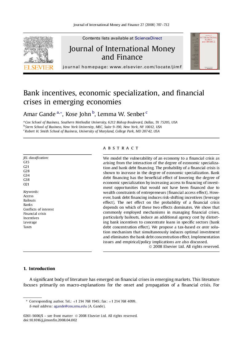 Bank incentives, economic specialization, and financial crises in emerging economies