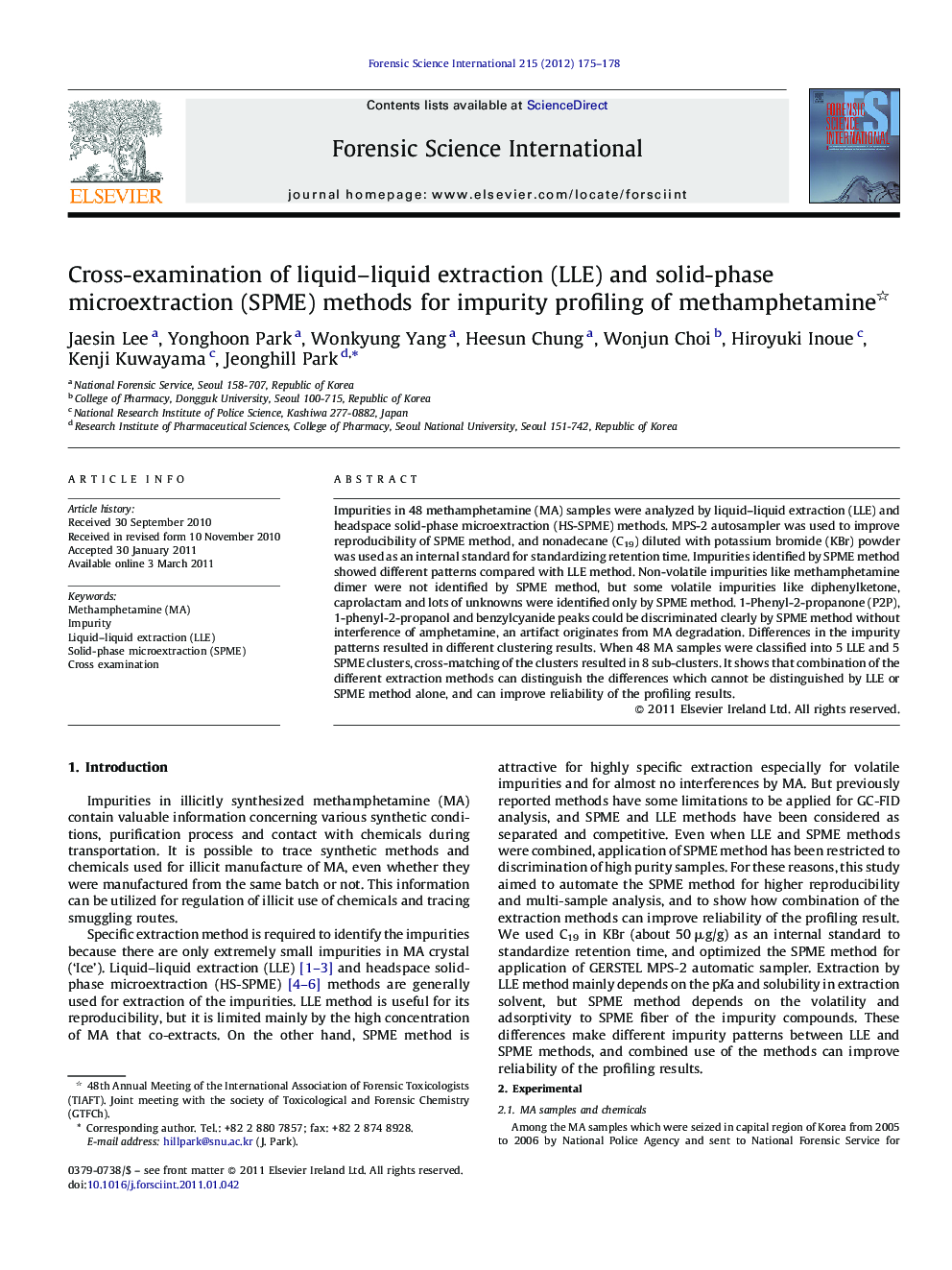 Cross-examination of liquid–liquid extraction (LLE) and solid-phase microextraction (SPME) methods for impurity profiling of methamphetamine 