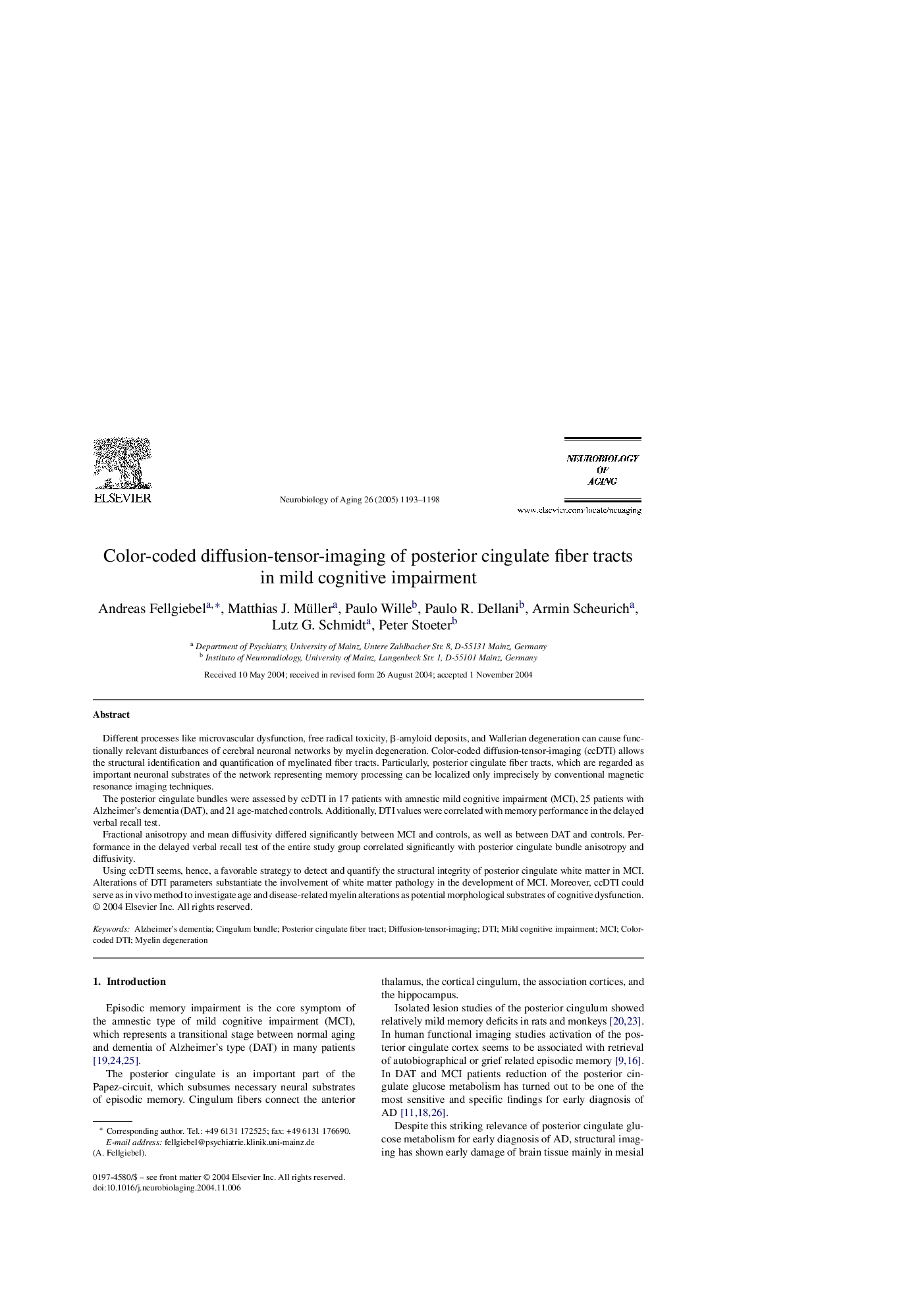 Color-coded diffusion-tensor-imaging of posterior cingulate fiber tracts in mild cognitive impairment