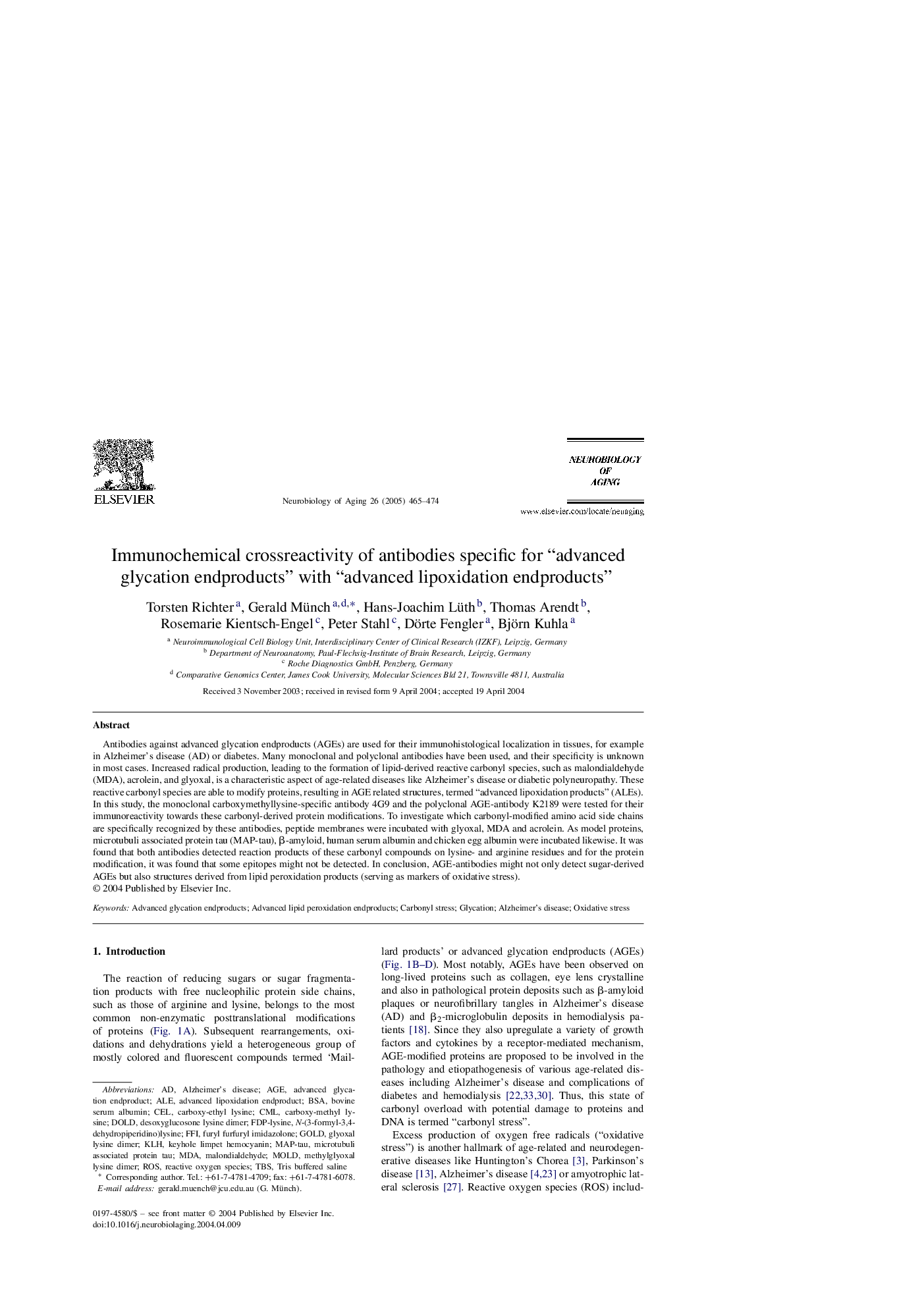 Immunochemical crossreactivity of antibodies specific for “advanced glycation endproducts” with “advanced lipoxidation endproducts”