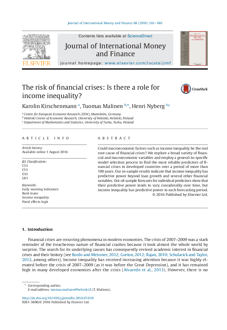 The risk of financial crises: Is there a role for income inequality?