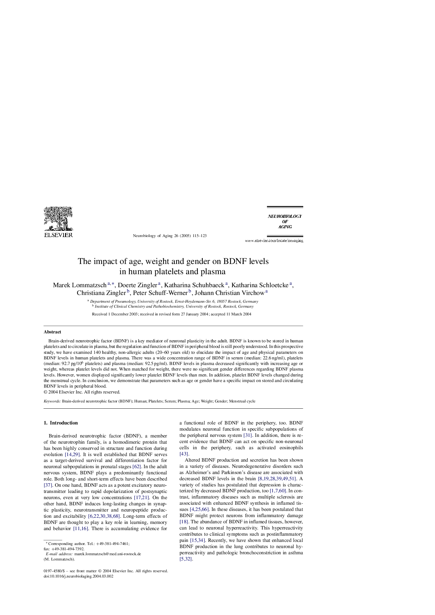 The impact of age, weight and gender on BDNF levels in human platelets and plasma